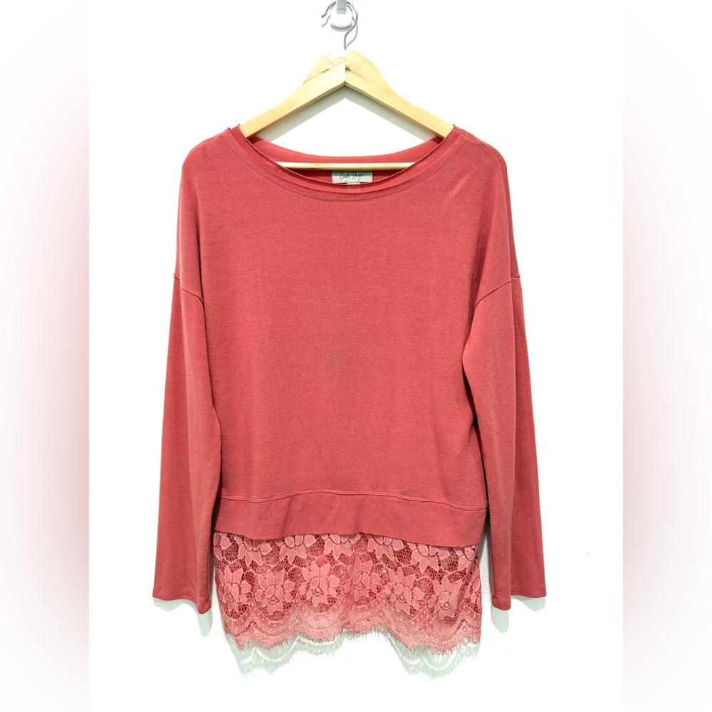 Charlie Paige Faded Pink Floral Lace Trimmed Pullover Long Sleeve Sweatshirt S/M